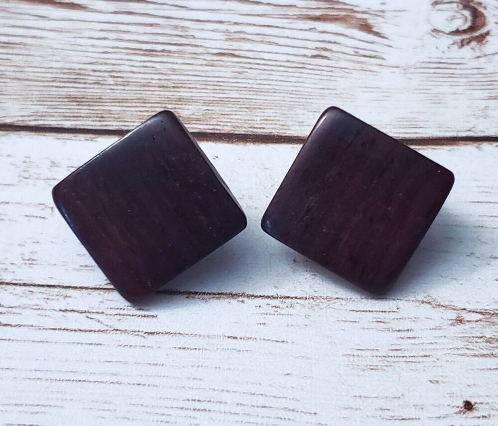 Vintage Clip On Earrings - Dark Brown Wooden Diamond Shape Just Under 1"